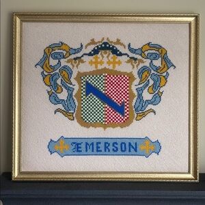 Stunning Emerson Crest Cross Stitch Professionally Framed 20.5” W x 18.5” Tall